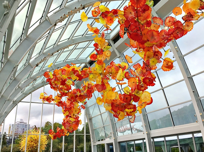 Orange floral chandelier in the atrium